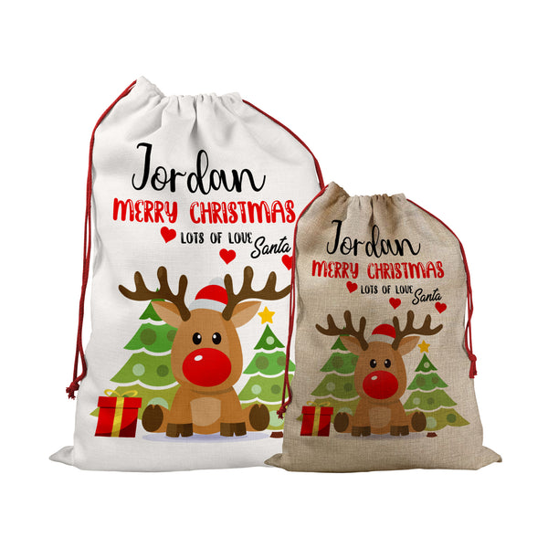 Personalised Christmas Sack With Red Rudolph Reindeer Design For Kids And Childrens