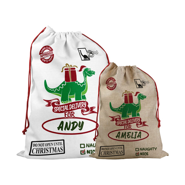 Personalised Santa Sack With Funny Dinosaur Design For Christmas With Special Special Delivery Christmas Eve