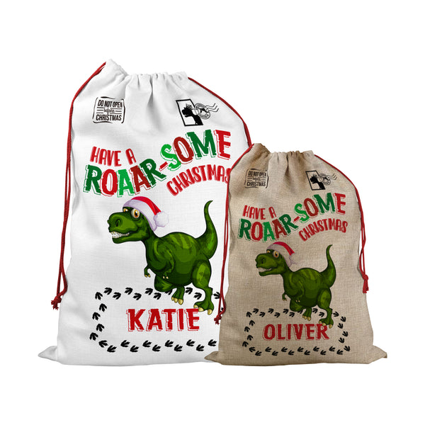 Personalised Santa Sack with Christmas Dinosaur Design with Special Delivery Christmas Eve