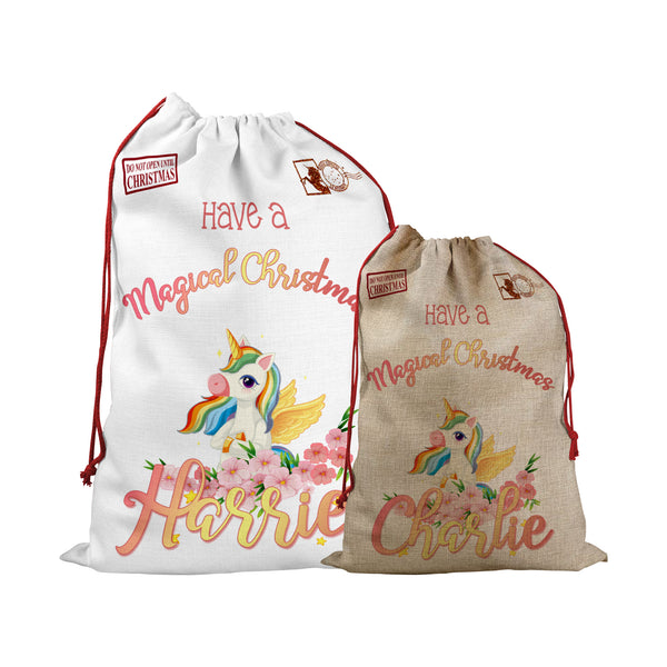 Personalised Santa Sack With Cute Unicorn Design for Christmas, Special Delivery Christmas Eve