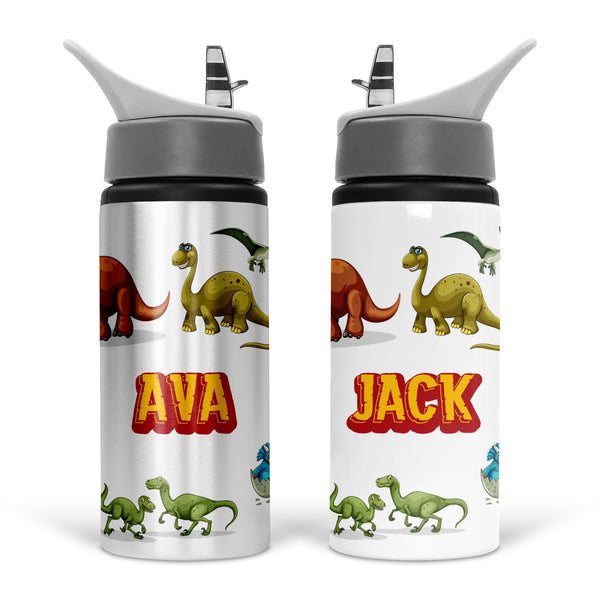 Personalised 600ml Aluminium Water Bottle With Dinosaurs Design For Childrens Gift