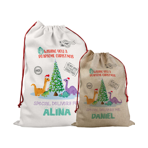 Personalised Santa Sack with Dino Roarsome Christmas Design, Special Delivery Christmas Eve