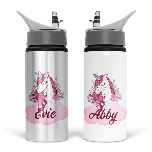 Personalised Aluminium 600ml Water Bottle With Cute Pink Unicorn Design