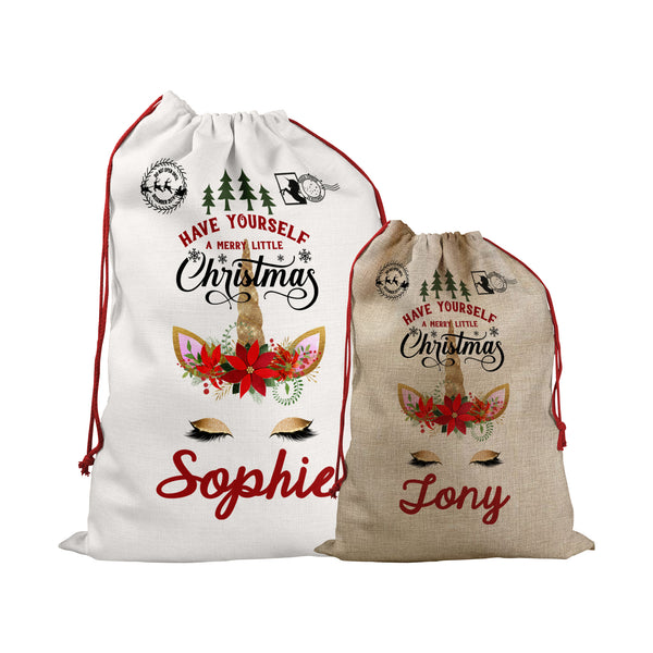 Personalised Santa Sack with Unicorn Design For Chirstmas Day, a sepecial Gift With Special Delivery On Christmas Eve