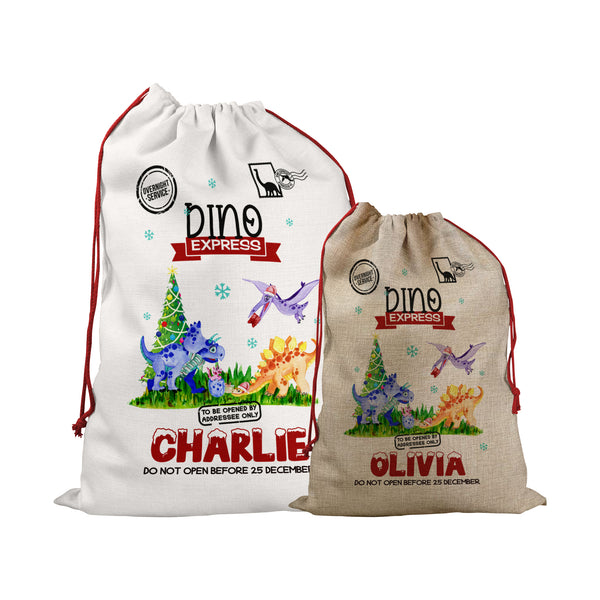 Personalised Santa Sack With Dinosaurs Design For Christmas With Special Delivery Christmas Eve