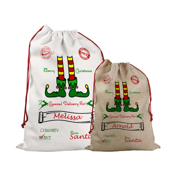 Personalised Santa Sack With Elf Christmas Design For Childrens And Kids For Christmas Present