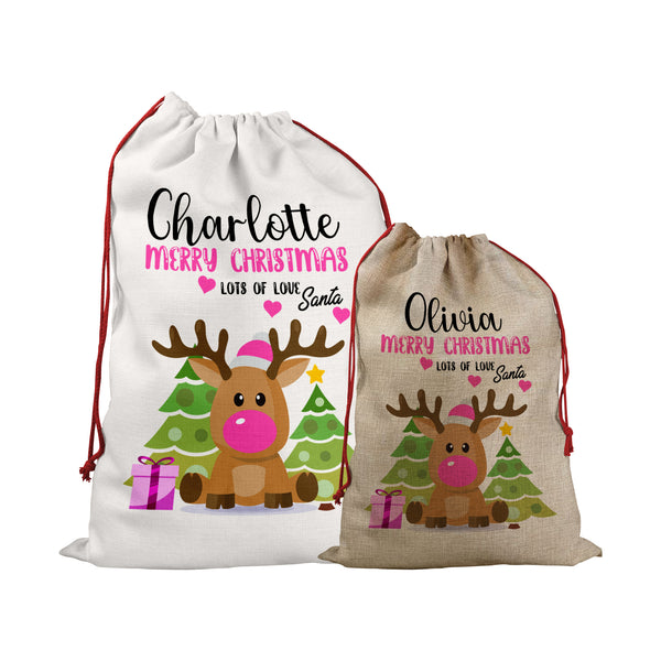 Personalised Santa Sack With Pink Rudolph Reindeer For Kids And Childrens