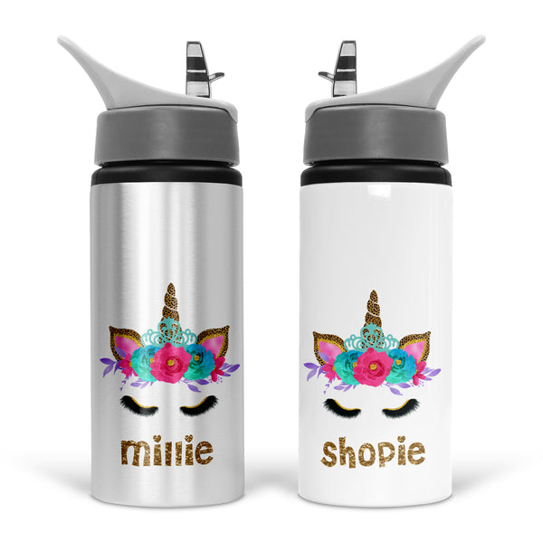 Personalised 600ml Aluminium Water Bottle With Pink Unicorn Design For Childrens