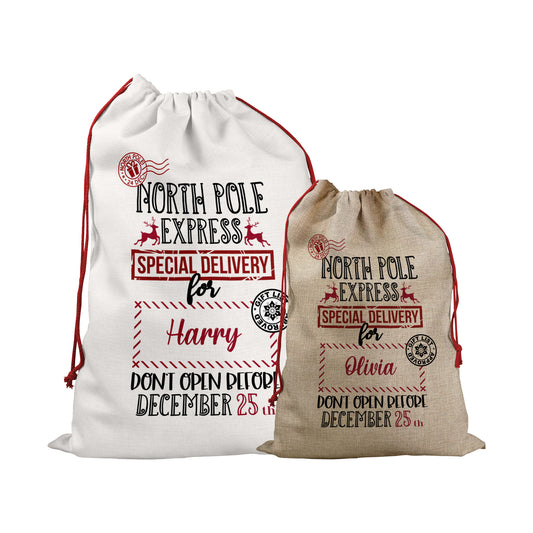 Personalised Santa Sack With North Pole Express Design For Christmas With Special Delivery Christmas Eve