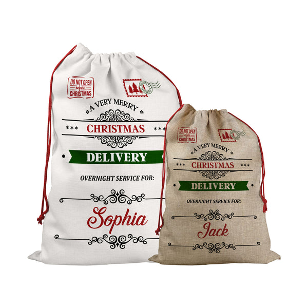 Personalised Santa Sack with Very Merry Christmas Design, Special Delivery Christmas Eve