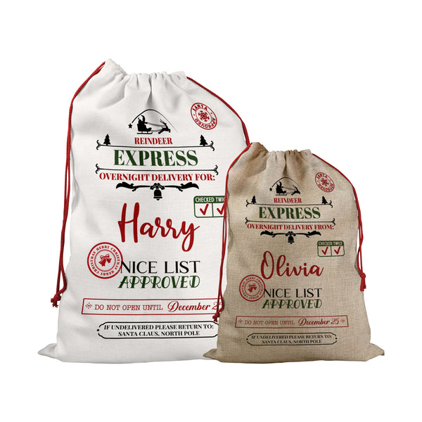 Personalised Santa Sack With Reindeer Express Design For Christmas, Special Delivery Christmas Eve