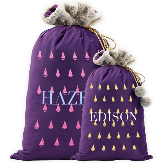 Personalised Velvet Santa Sack In Purple With Christmas Theme Ideal Gift For Kids