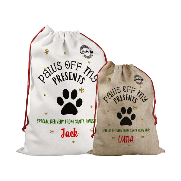 Personalised Santa Sack With Paws Off Christmas Design For Kids And Childrens