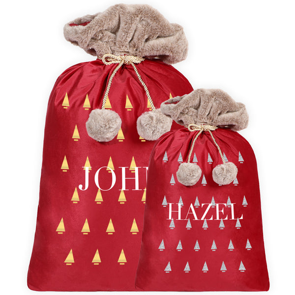 Personalised Velvet Santa Sack In Red With Christmas Theme Ideal Gift For Kids