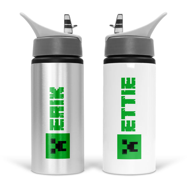 Personalised 600ml Aluminium Water Bottle With Mine Craft Icon And Custom Text For Kids Gifts