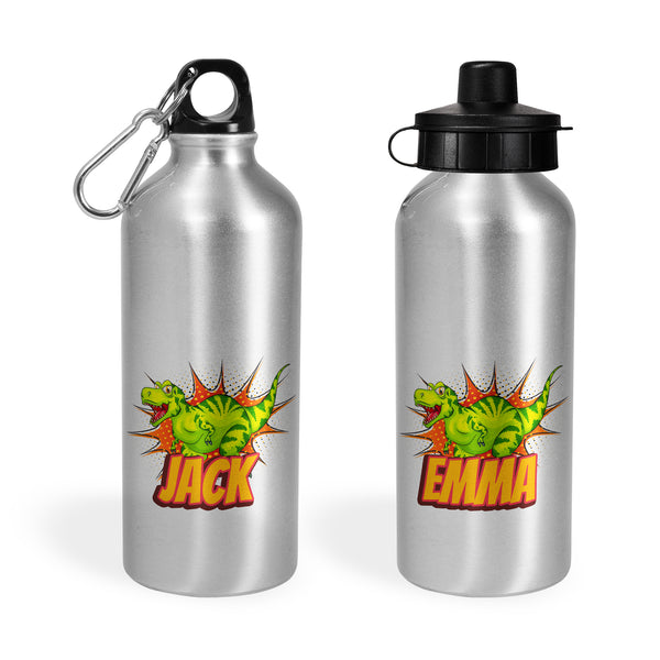 Personalised Aluminium Sport Cap Water Bottle With Dinosaur Roar Hear Me Design