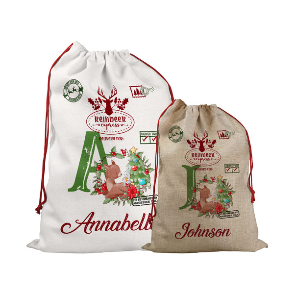 Personalised Santa Sack With Cute Deer Design For Christmas Gifts, Special Delivery Christmas Eve