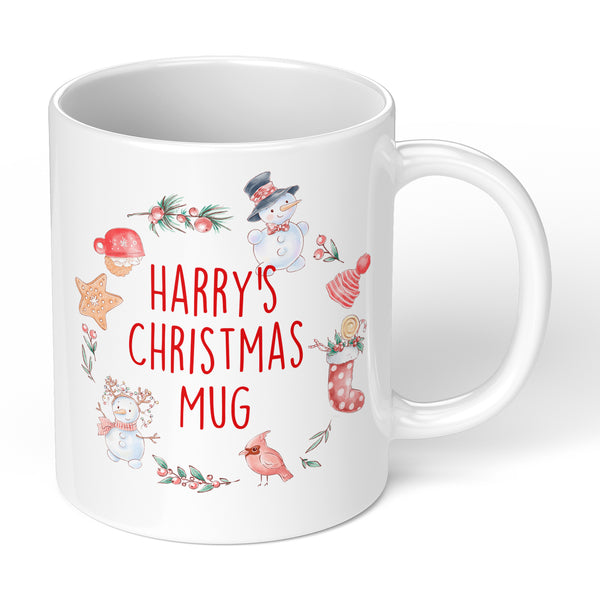 Personalised Christmas Mug For Kids And Childrens With Snowman Wreath Design