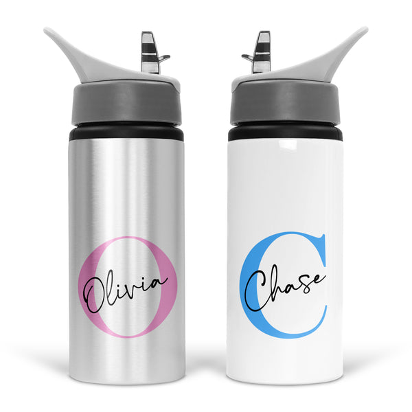 Personalised 600ml Aluminium Water Bottle With Initial Letter And Name For Childrens Gift