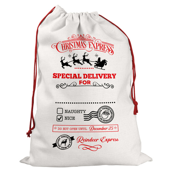 Personalised Santa Sack With Christmas Express Special Delivery Design For Kids And Children