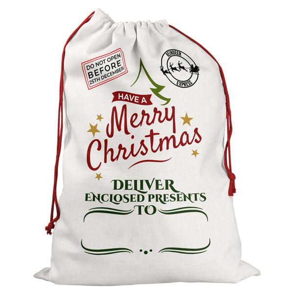 Personalised Santa Sack With Merry Christmas Present Design For Kids And Childrens