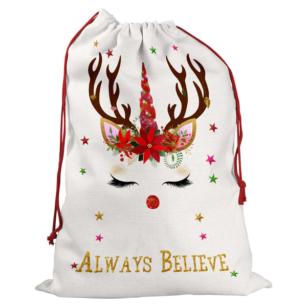 Personalised Christmas Santa Sack With Name Unicorn Reindeer Design For Kids And Childrens