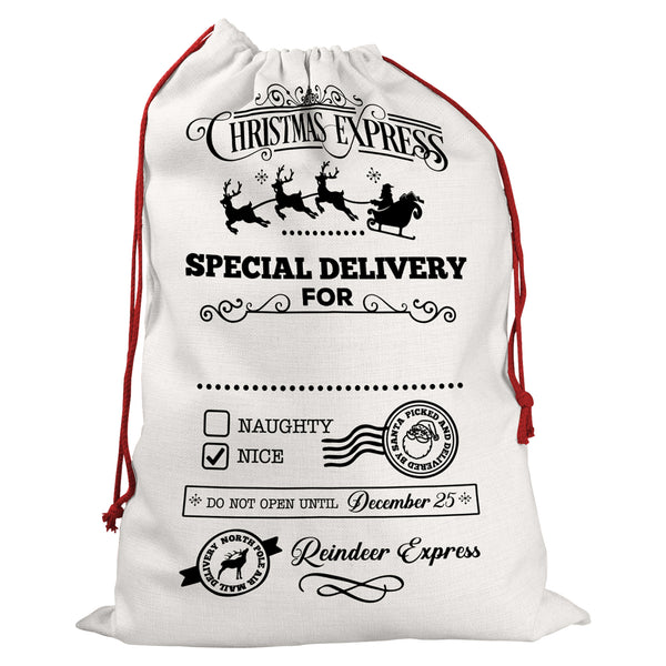 Personalised Santa Sack With Christmas Express Special Delivery Design For Kids And Childrens