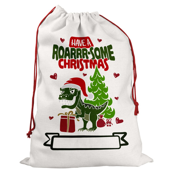 Personalised Santa Sack With T Rex Dinosaur Design For Childrens And Kids