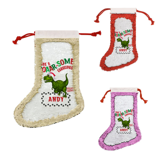 Personalised Christmas Stockings With Name With Christmas Dino Design